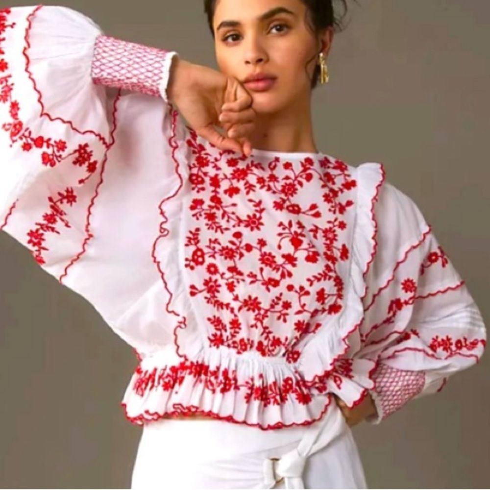 NEW FARM Rio Off-White with Red Embroidered Long Sleeve Blouse Cotton Size XXS